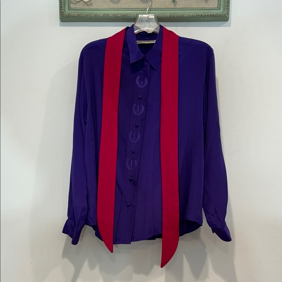 Vintage yves st Clair 2 Deep Purple Button Down Shirt & skinny neck scarf 16 w - Picture 9 of 10
